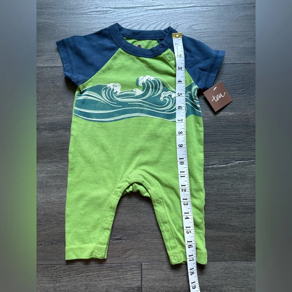 Tea Collection Infant Boys Green Blue Short Sleeve One Piece Size 0-3 Months NWT